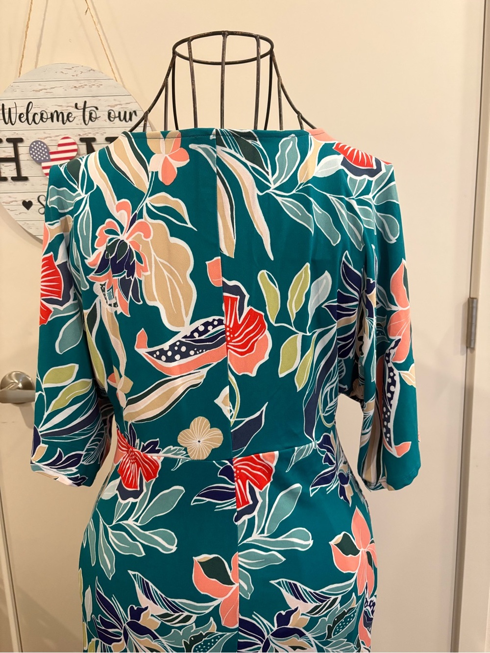 VENUS Teal Floral Knot-Waist Maxi Dress with Coral & Cream Blooms - Picture 7 of 10
